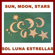 Formas de madera de el Sol, Luna y Estrellas para manualidades y decorración